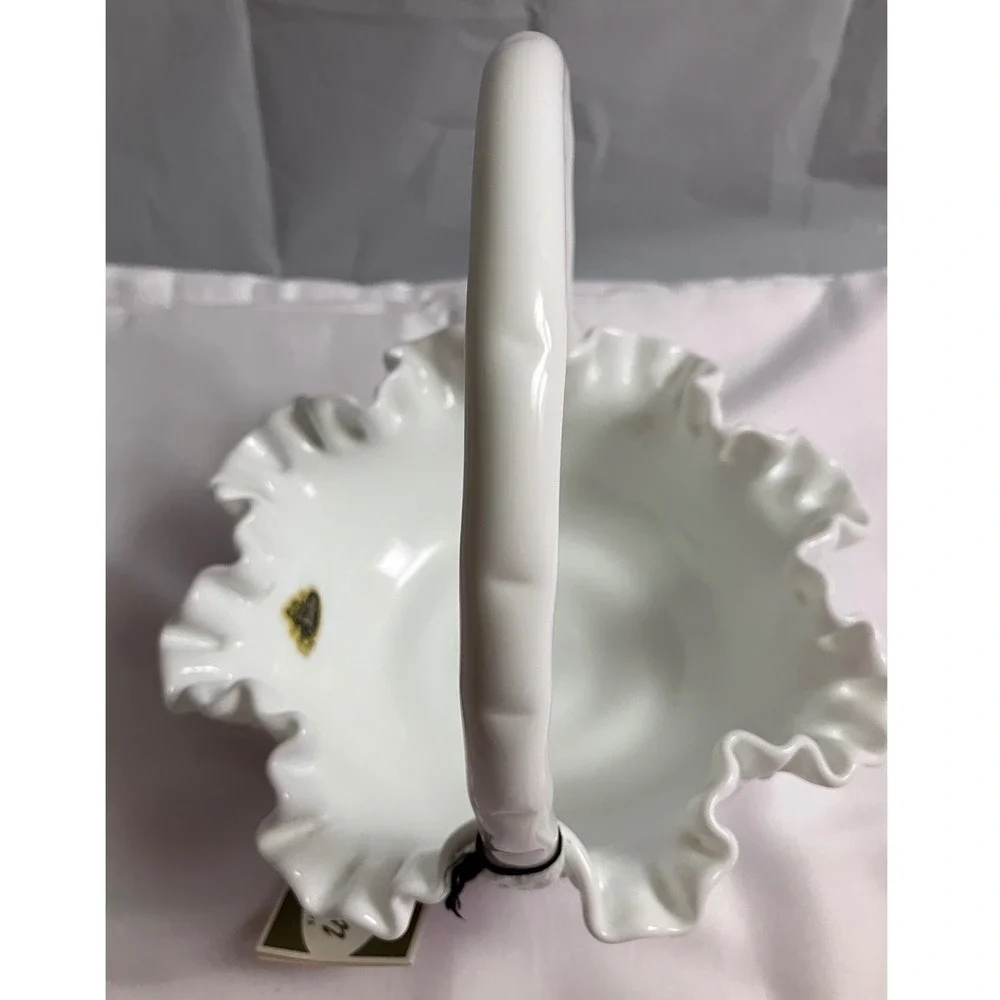 Authentic Mint Condition Vintage Fenton Milk Glass Hobnail Ruffled Basket w/Tags